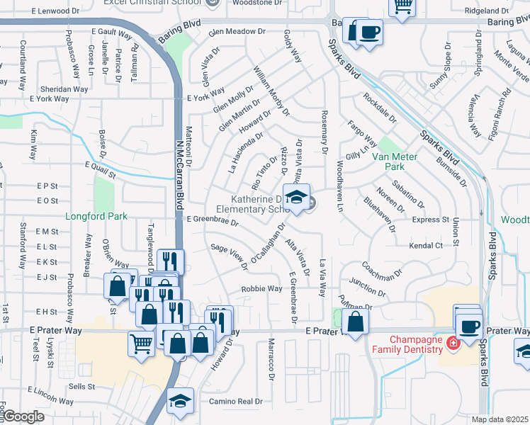 map of restaurants, bars, coffee shops, grocery stores, and more near 967 Rio Vista Dr in Sparks