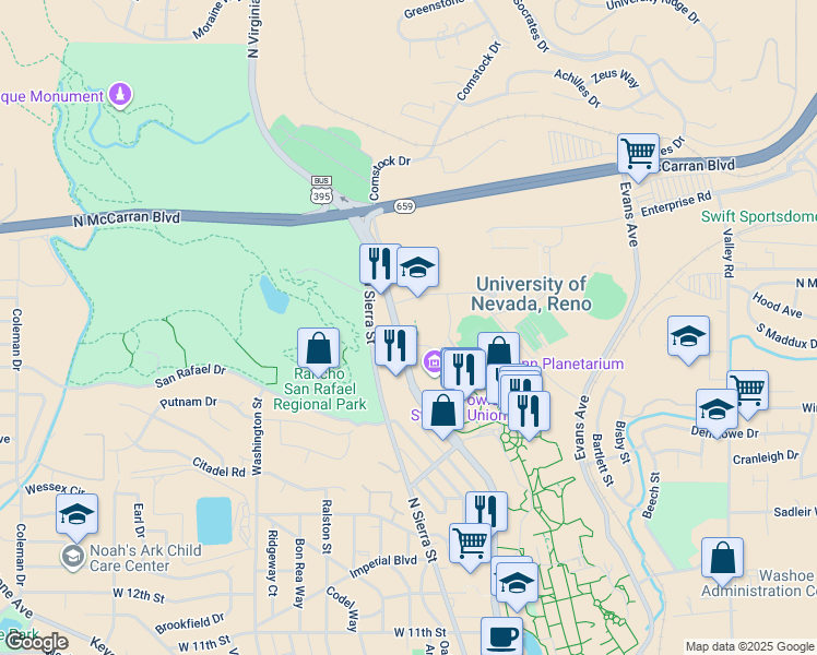 map of restaurants, bars, coffee shops, grocery stores, and more near 1650 North Virginia Street in Reno
