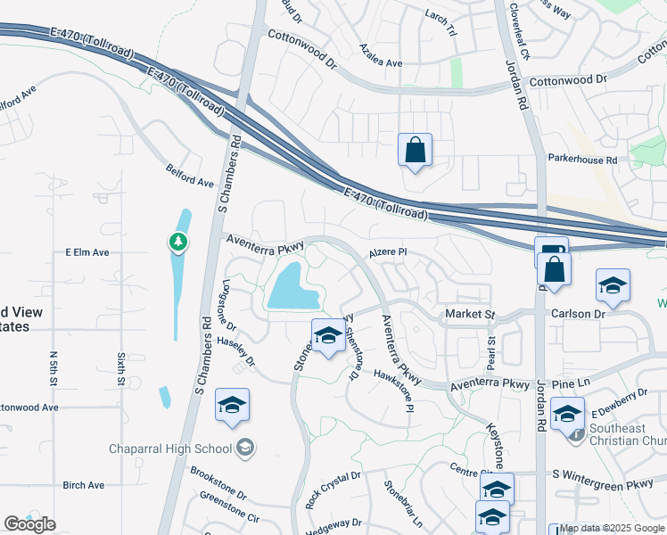 map of restaurants, bars, coffee shops, grocery stores, and more near 9285 Melborne Court in Parker