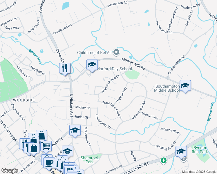 map of restaurants, bars, coffee shops, grocery stores, and more near 700 Clara Terrace in Bel Air