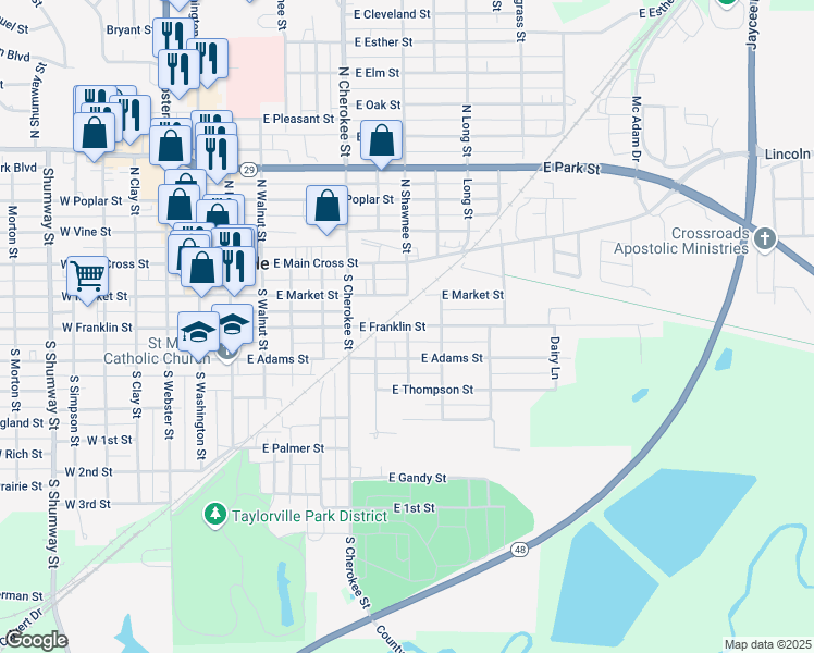 map of restaurants, bars, coffee shops, grocery stores, and more near 703 East Franklin Street in Taylorville