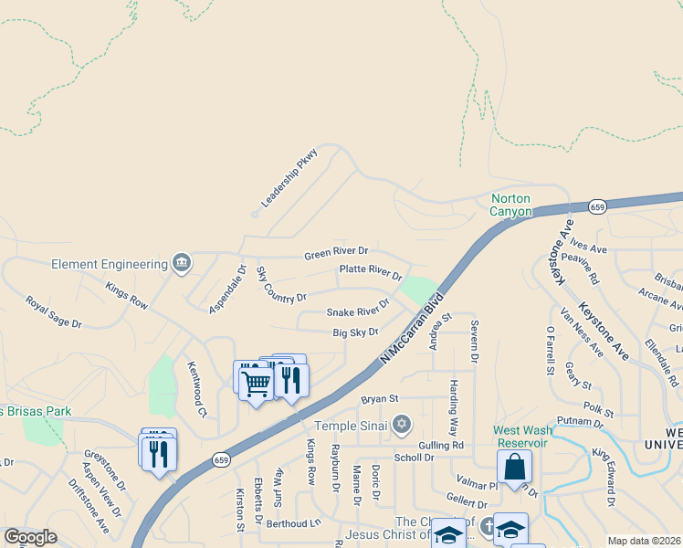 map of restaurants, bars, coffee shops, grocery stores, and more near 3210 Platte River Drive in Reno