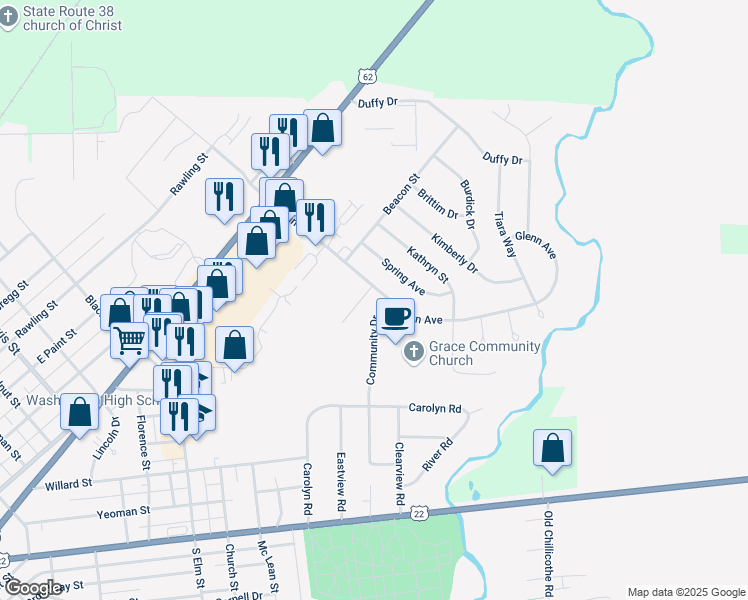 map of restaurants, bars, coffee shops, grocery stores, and more near 110 Summit Lane in Washington Court House