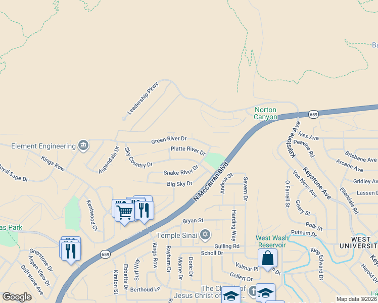 map of restaurants, bars, coffee shops, grocery stores, and more near 3150 Platte River Drive in Reno