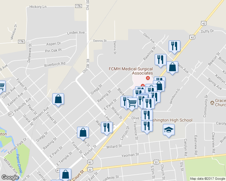 map of restaurants, bars, coffee shops, grocery stores, and more near 1143 Rawling Street in Washington Court House