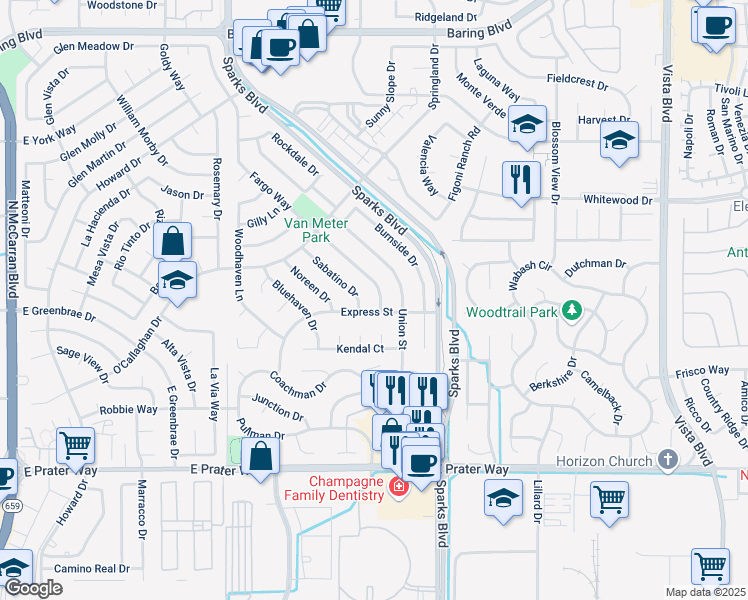 map of restaurants, bars, coffee shops, grocery stores, and more near 1651 Fargo Way in Sparks