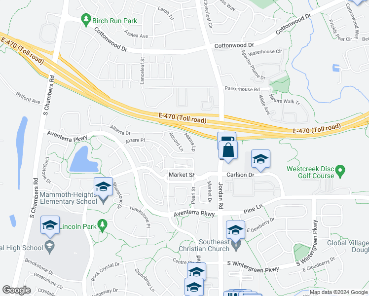 map of restaurants, bars, coffee shops, grocery stores, and more near 16701 Market Street in Parker