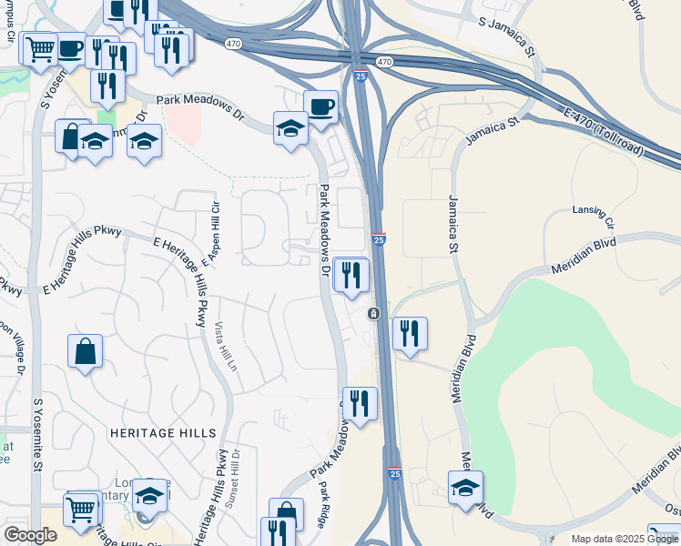 map of restaurants, bars, coffee shops, grocery stores, and more near 10177 Station Way in Lone Tree
