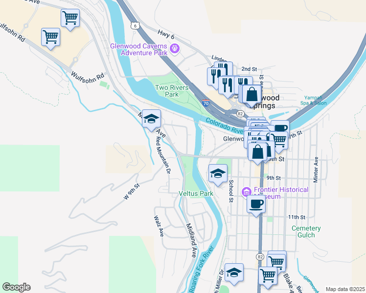map of restaurants, bars, coffee shops, grocery stores, and more near 710 Cowdin Drive in Glenwood Springs