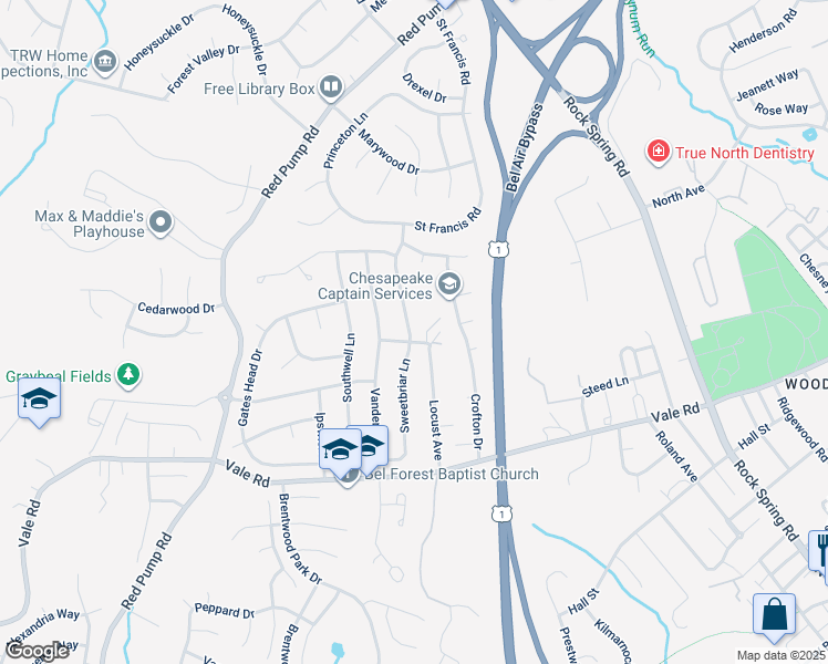 map of restaurants, bars, coffee shops, grocery stores, and more near 1341 Sweetbriar Lane in Bel Air