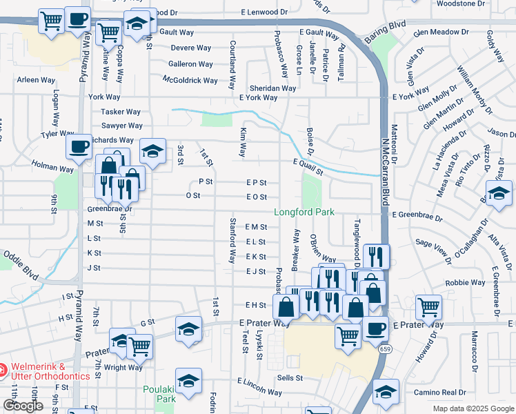 map of restaurants, bars, coffee shops, grocery stores, and more near 14 East Greenbrae Drive in Sparks