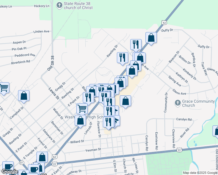 map of restaurants, bars, coffee shops, grocery stores, and more near in Washington Court House