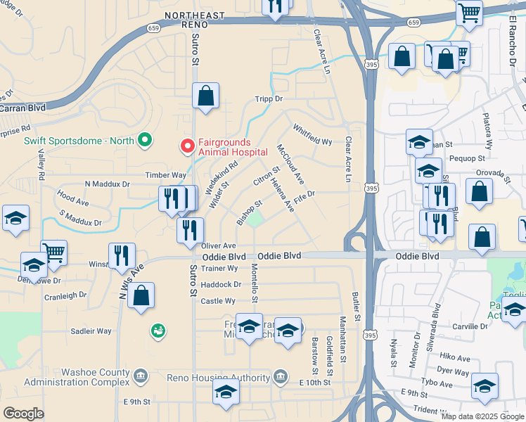 map of restaurants, bars, coffee shops, grocery stores, and more near 1950 Reed Street in Reno