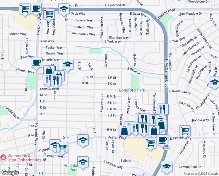 map of restaurants, bars, coffee shops, grocery stores, and more near 14 E Greenbrae Dr in Sparks