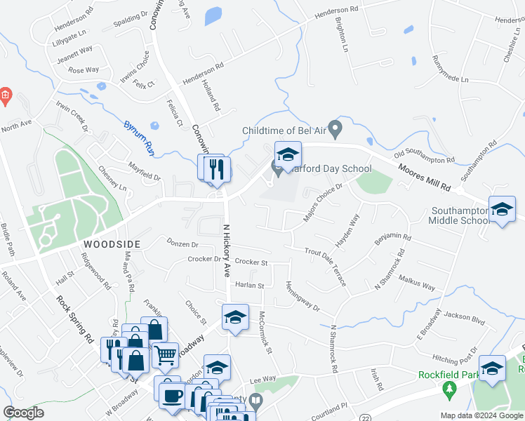 map of restaurants, bars, coffee shops, grocery stores, and more near 716 Orley Place in Bel Air