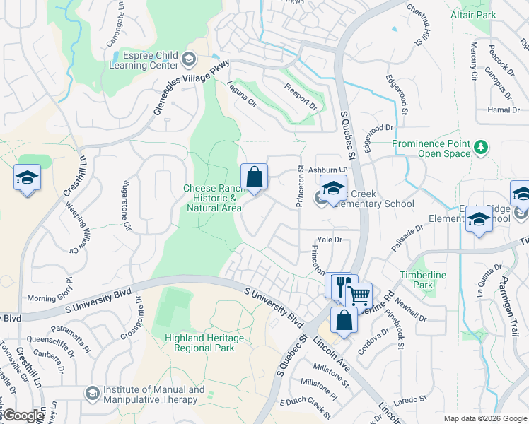 map of restaurants, bars, coffee shops, grocery stores, and more near 9358 Cornell Circle in Littleton