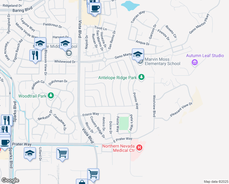 map of restaurants, bars, coffee shops, grocery stores, and more near 1600 Veneto Drive in Sparks