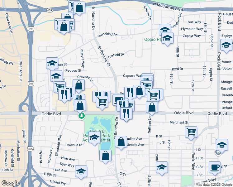 map of restaurants, bars, coffee shops, grocery stores, and more near El Rancho Drive & Greenbrae Drive in Sparks