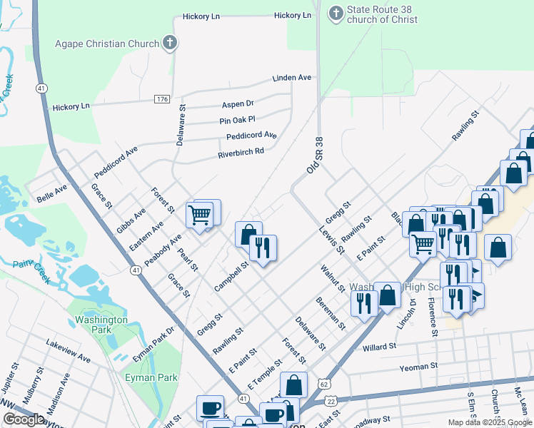 map of restaurants, bars, coffee shops, grocery stores, and more near 1001 Lewis Street in Washington Court House
