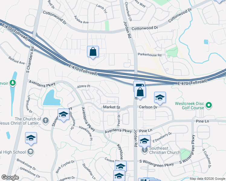 map of restaurants, bars, coffee shops, grocery stores, and more near 16701 Market Street in Parker