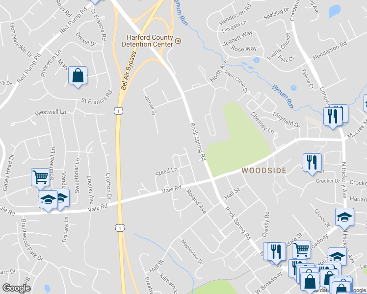 map of restaurants, bars, coffee shops, grocery stores, and more near 845 Bridle Path in Bel Air