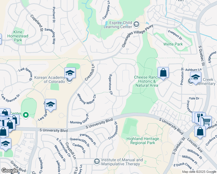map of restaurants, bars, coffee shops, grocery stores, and more near 9153 Sugarstone Circle in Littleton