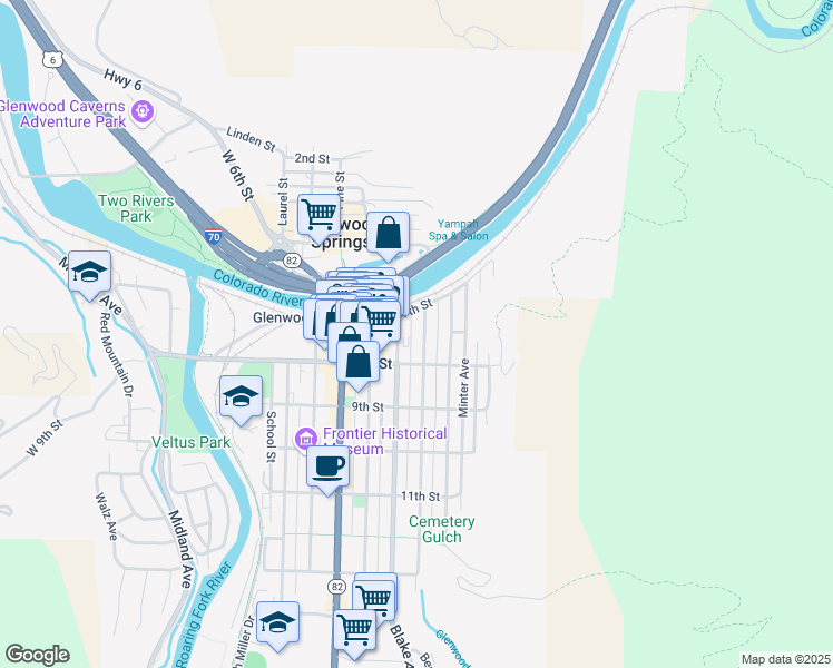 map of restaurants, bars, coffee shops, grocery stores, and more near 723 Bennett Avenue in Glenwood Springs