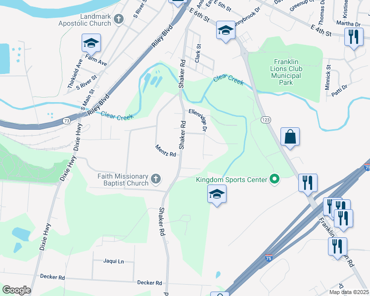 map of restaurants, bars, coffee shops, grocery stores, and more near 7116 Shaker Road in Franklin