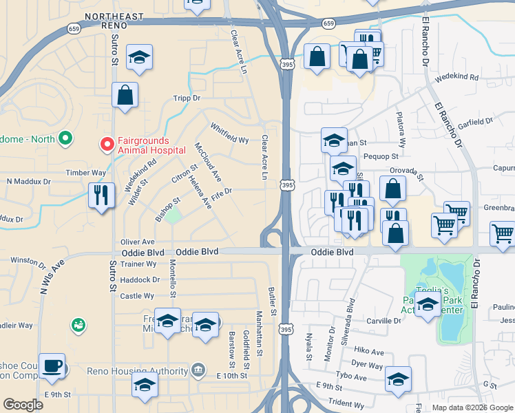 map of restaurants, bars, coffee shops, grocery stores, and more near 1985 Clear Acre Lane in Reno