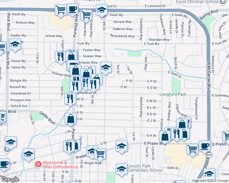 map of restaurants, bars, coffee shops, grocery stores, and more near 320 Greenbrae Drive in Sparks