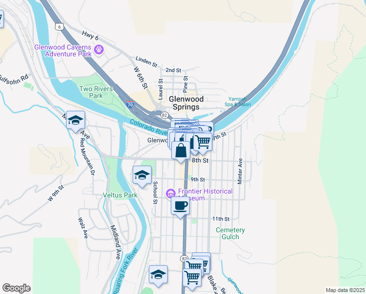 map of restaurants, bars, coffee shops, grocery stores, and more near 711 Grand Avenue in Glenwood Springs