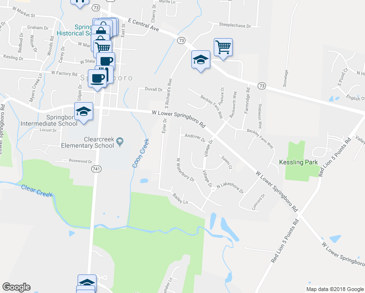 map of restaurants, bars, coffee shops, grocery stores, and more near 72 West Waterbury Drive in Springboro