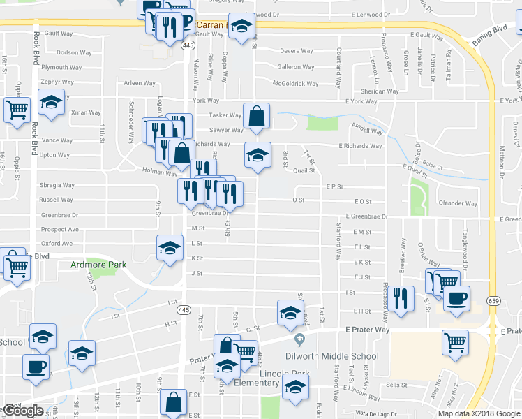 map of restaurants, bars, coffee shops, grocery stores, and more near 1602 4th Street in Sparks