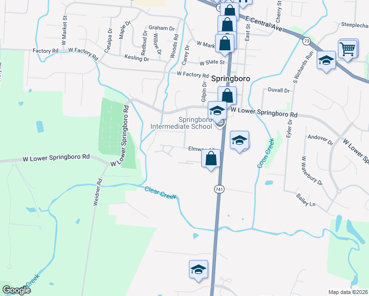 map of restaurants, bars, coffee shops, grocery stores, and more near 98 Elmwood Drive in Springboro