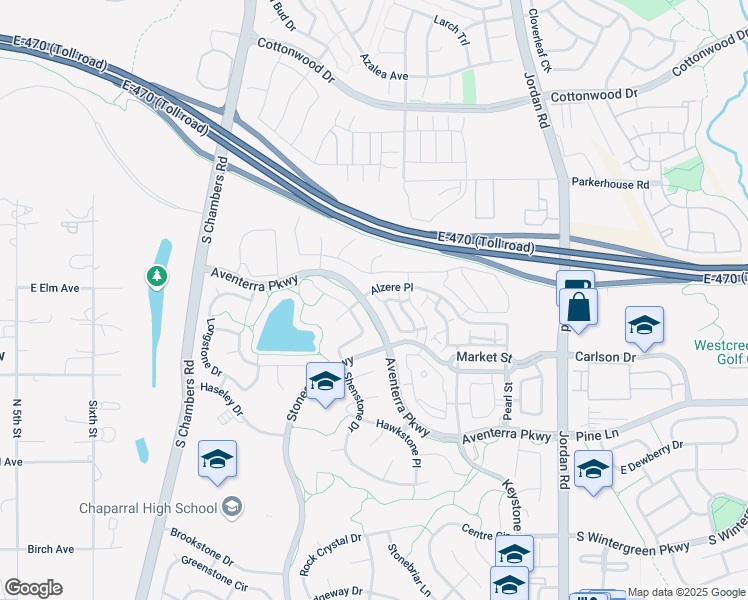 map of restaurants, bars, coffee shops, grocery stores, and more near 9315 Alzere Place in Parker