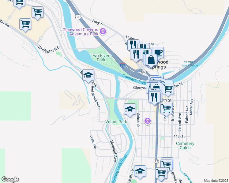 map of restaurants, bars, coffee shops, grocery stores, and more near 710 Cowdin Drive in Glenwood Springs