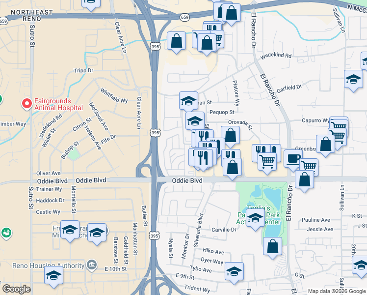 map of restaurants, bars, coffee shops, grocery stores, and more near 2301 Oddie Boulevard in Reno