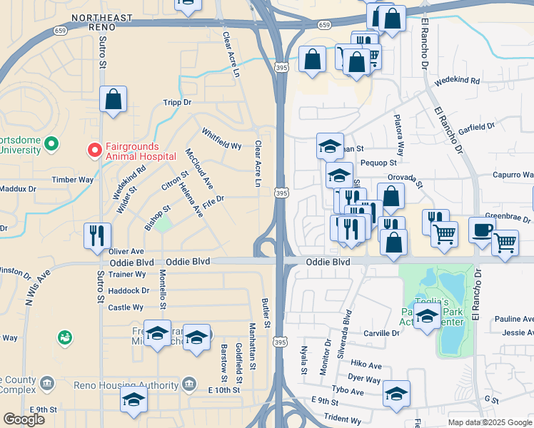 map of restaurants, bars, coffee shops, grocery stores, and more near 1976 Clear Acre Lane in Reno
