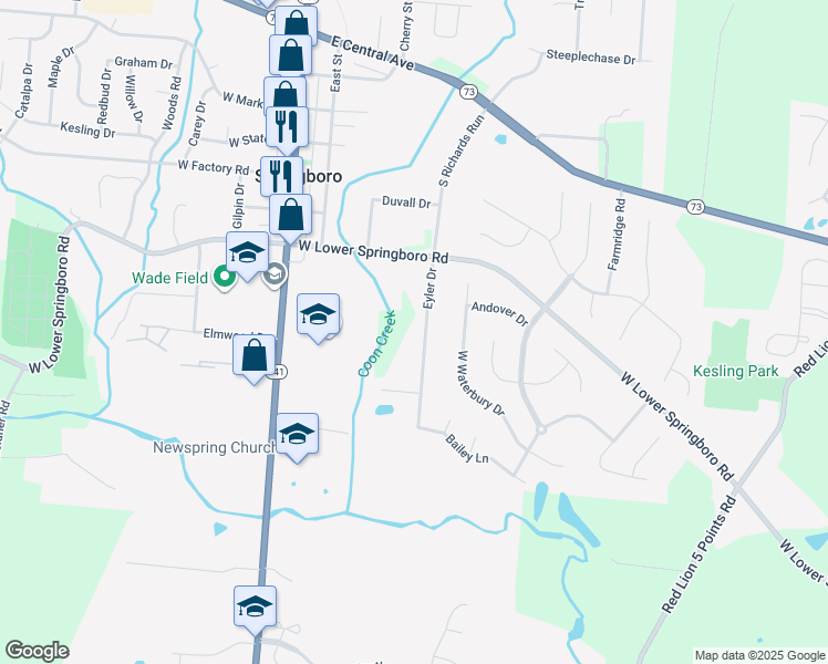map of restaurants, bars, coffee shops, grocery stores, and more near 7205 Eyler Drive in Springboro