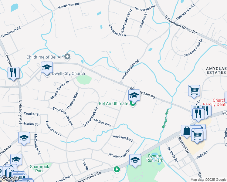 map of restaurants, bars, coffee shops, grocery stores, and more near 1102 Broadmoor Court in Bel Air