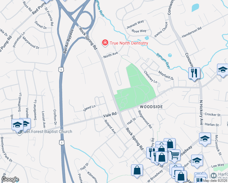 map of restaurants, bars, coffee shops, grocery stores, and more near 817 Rock Spring Road in Bel Air