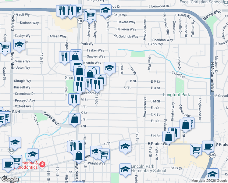 map of restaurants, bars, coffee shops, grocery stores, and more near 1602 4th Street in Sparks