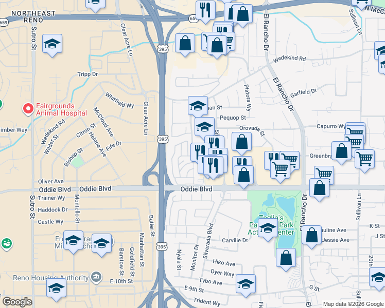 map of restaurants, bars, coffee shops, grocery stores, and more near 2301 Oddie Boulevard in Reno