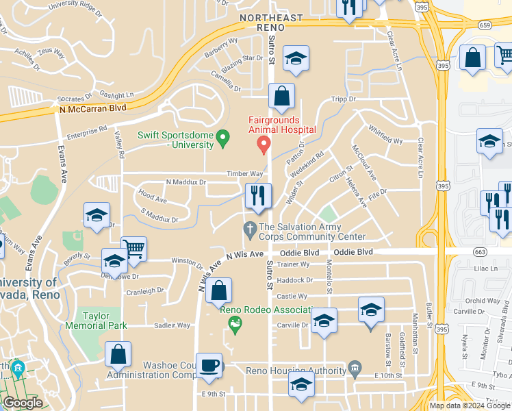 map of restaurants, bars, coffee shops, grocery stores, and more near 826 Wedekind Road in Reno
