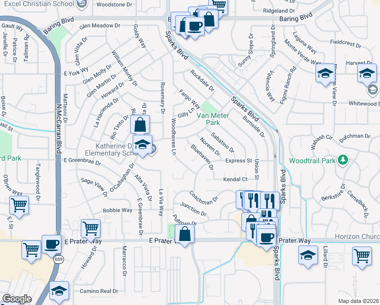 map of restaurants, bars, coffee shops, grocery stores, and more near 1294 Antonio Court in Sparks