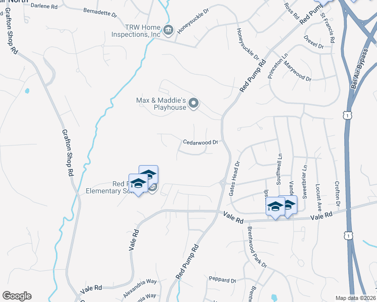 map of restaurants, bars, coffee shops, grocery stores, and more near 524 Applewood Drive in Bel Air