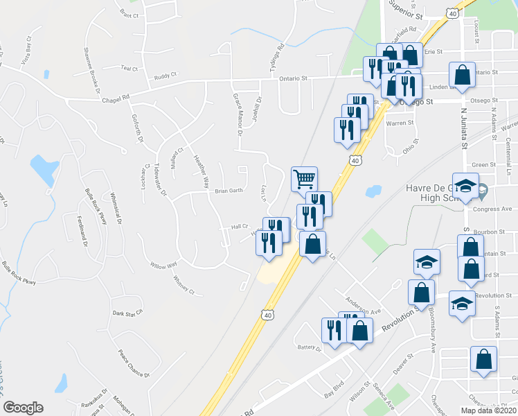 map of restaurants, bars, coffee shops, grocery stores, and more near 1300 Lewis Lane in Havre de Grace