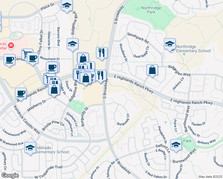 map of restaurants, bars, coffee shops, grocery stores, and more near 9200 South Broadway in Highlands Ranch