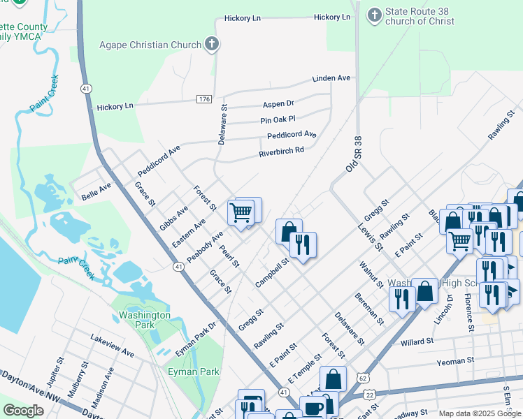 map of restaurants, bars, coffee shops, grocery stores, and more near 713 Peabody Avenue in Washington Court House