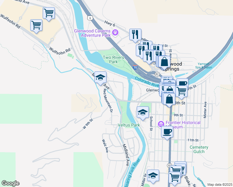 map of restaurants, bars, coffee shops, grocery stores, and more near 702 Midland Avenue in Glenwood Springs